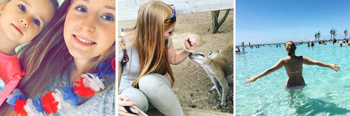 Nina mit ihrem Au-pair-Kind, einem Känguru und in einem Pool